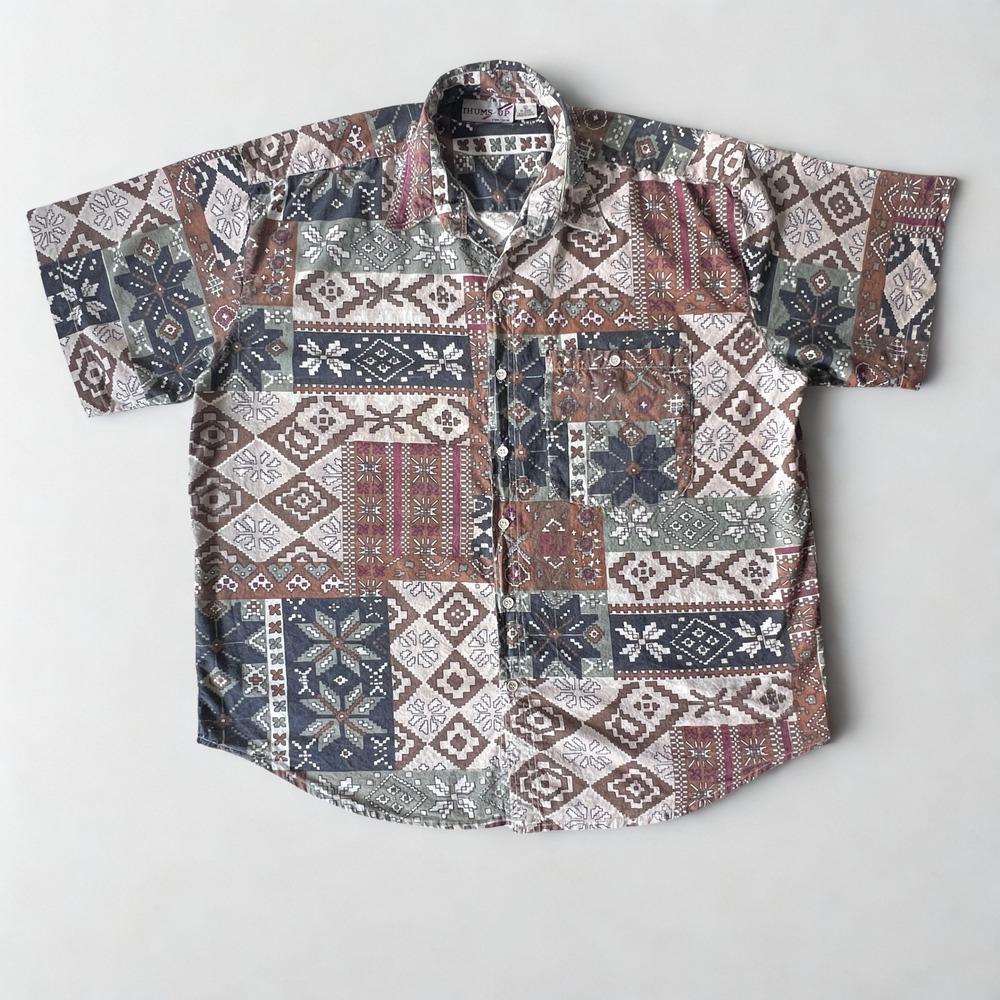 Vintage Thums Up Patchwork Tribal Print Button Up Shirt Men's XL Nepal Cotton